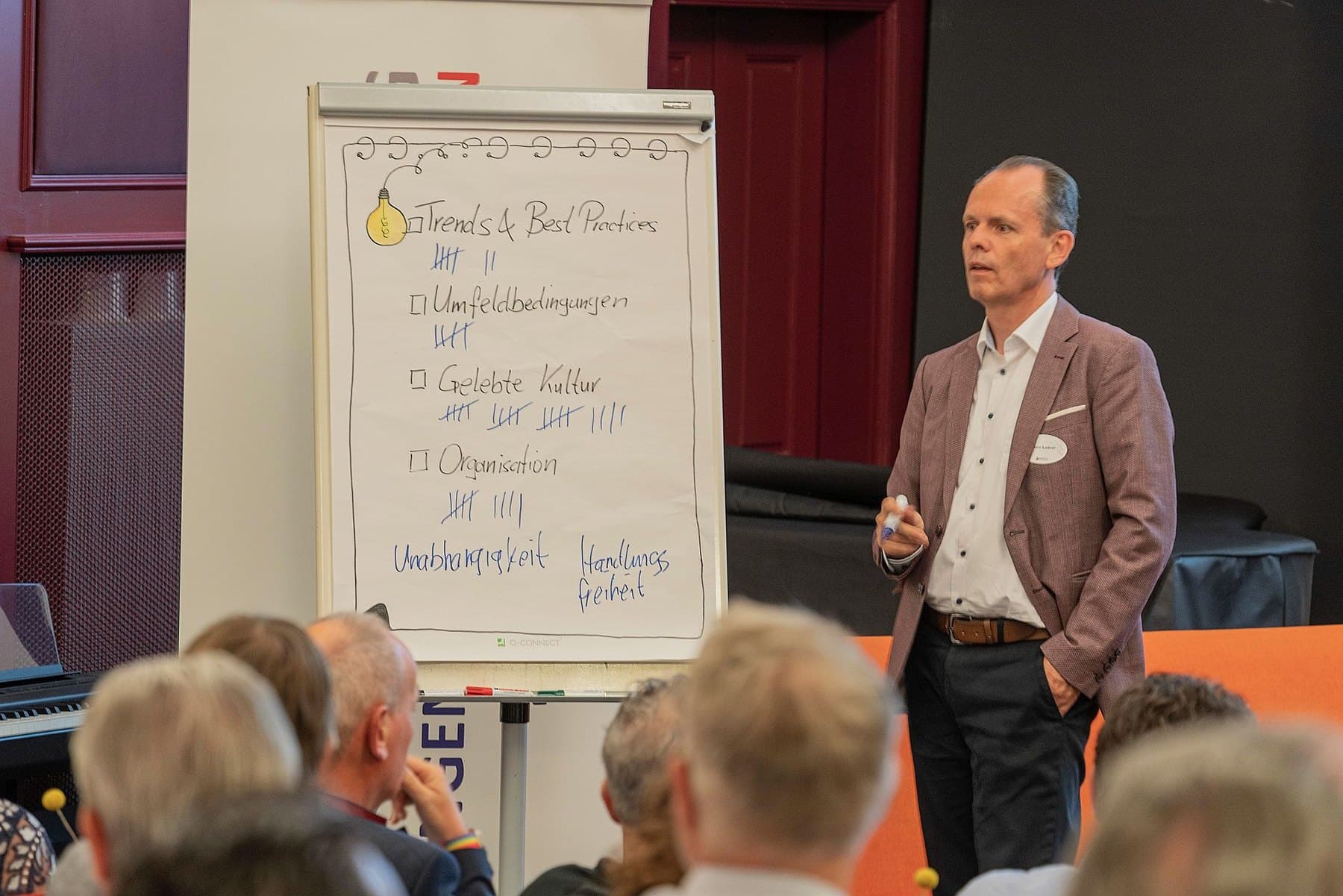 Hermann Ladner beside a flip chart with four fields and a tally, the audience in front of it